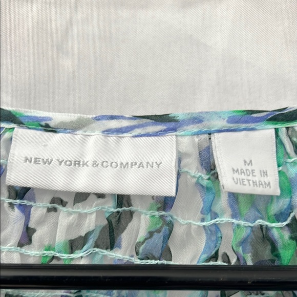 New York & Company Sheer Green and Blue Flutter Sleeve Blouse - Picture 2 of 3